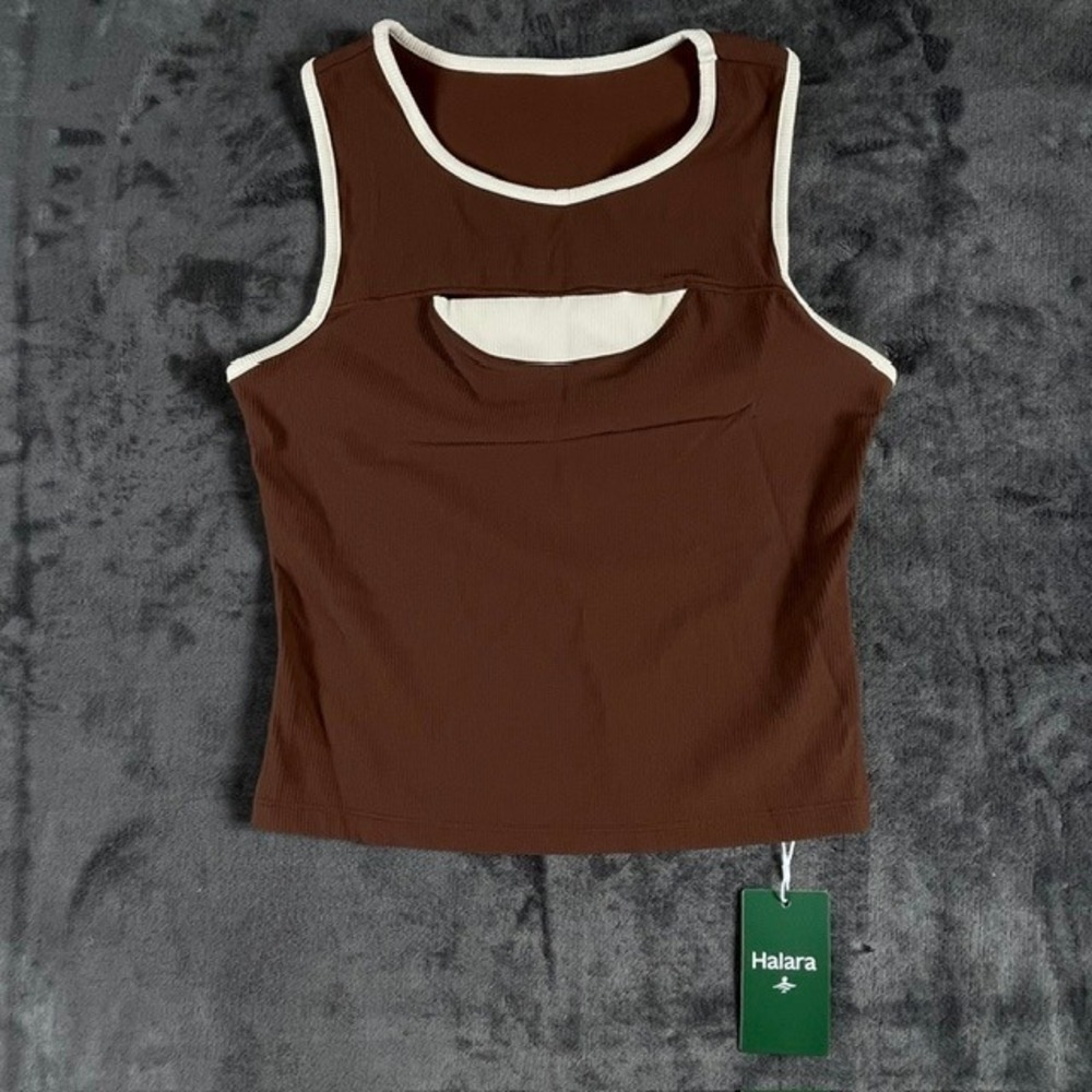Halara Ribbed Round Neck Cut Out Front Color Block Workout Tank Top Brown Small